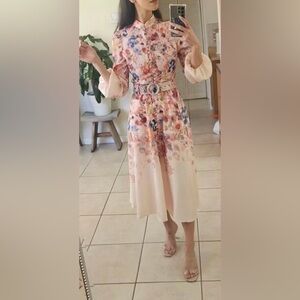 Commense Midi Belted Balloon Sleeve Floral Dress Sz small